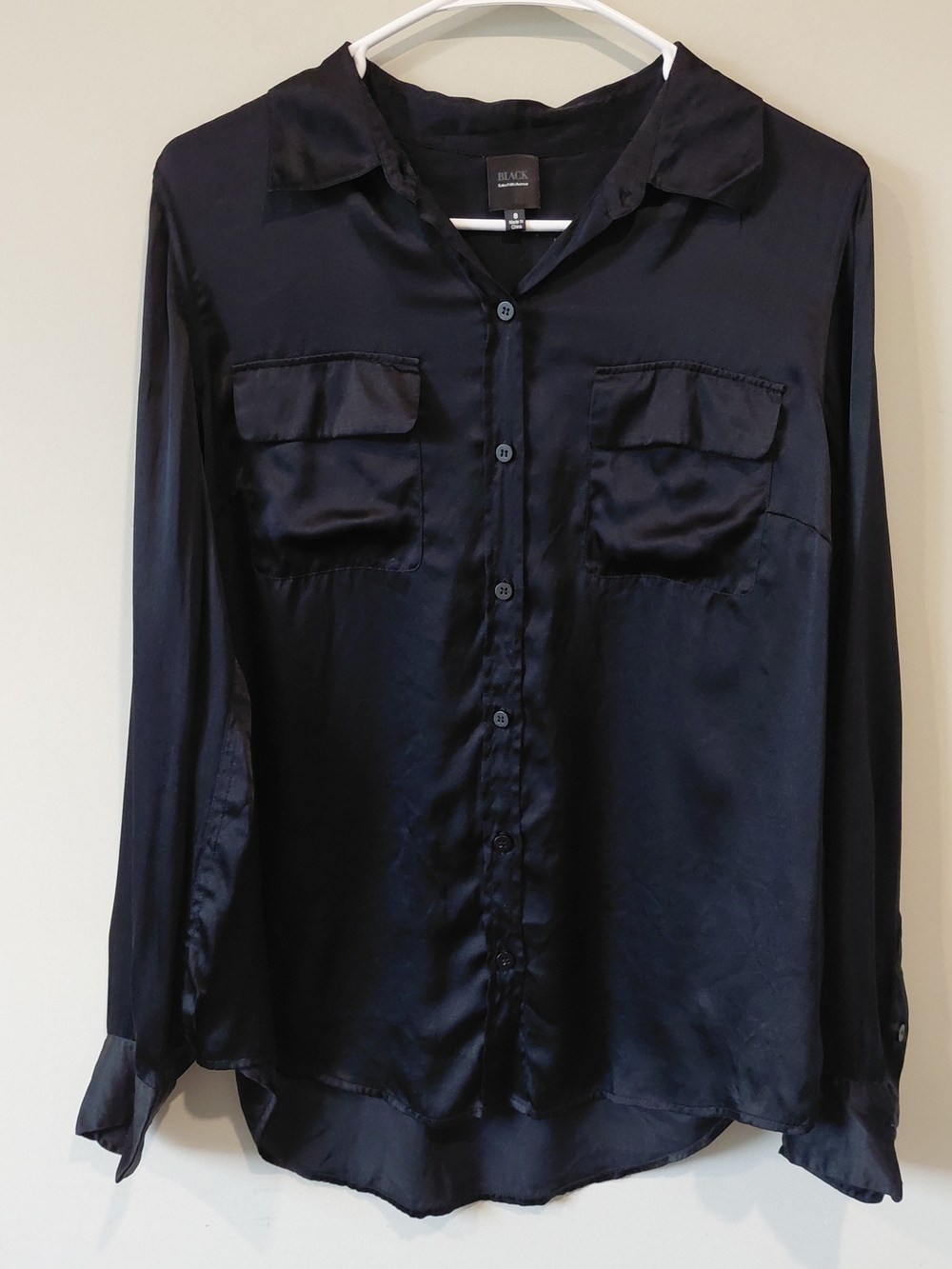 Saks Fifth Avenue Black Label Black Satin-Look Button Down Shirt